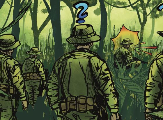 A group of marines, walk through a jungle. One person ahead is cursing, two others have question marks above their heads.